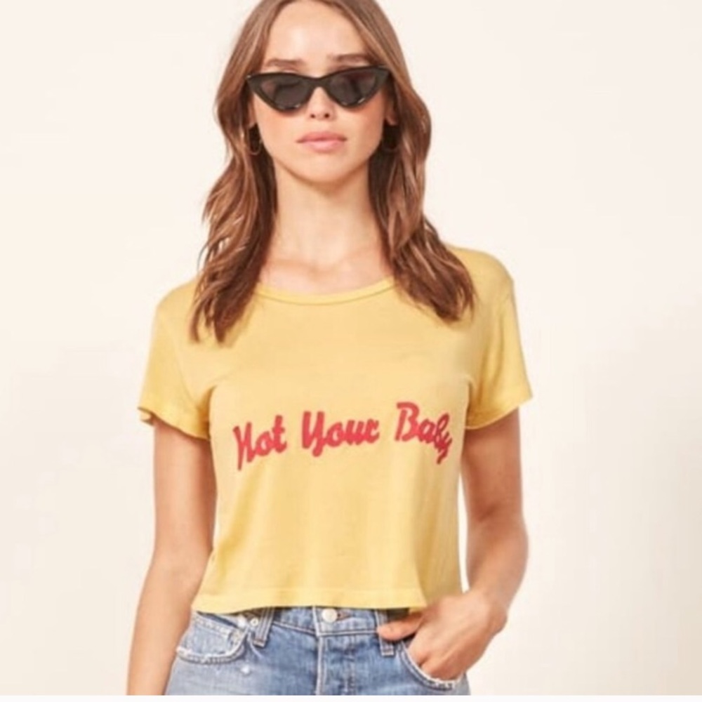 Reformation Yellow Cropped Tee with Red Script